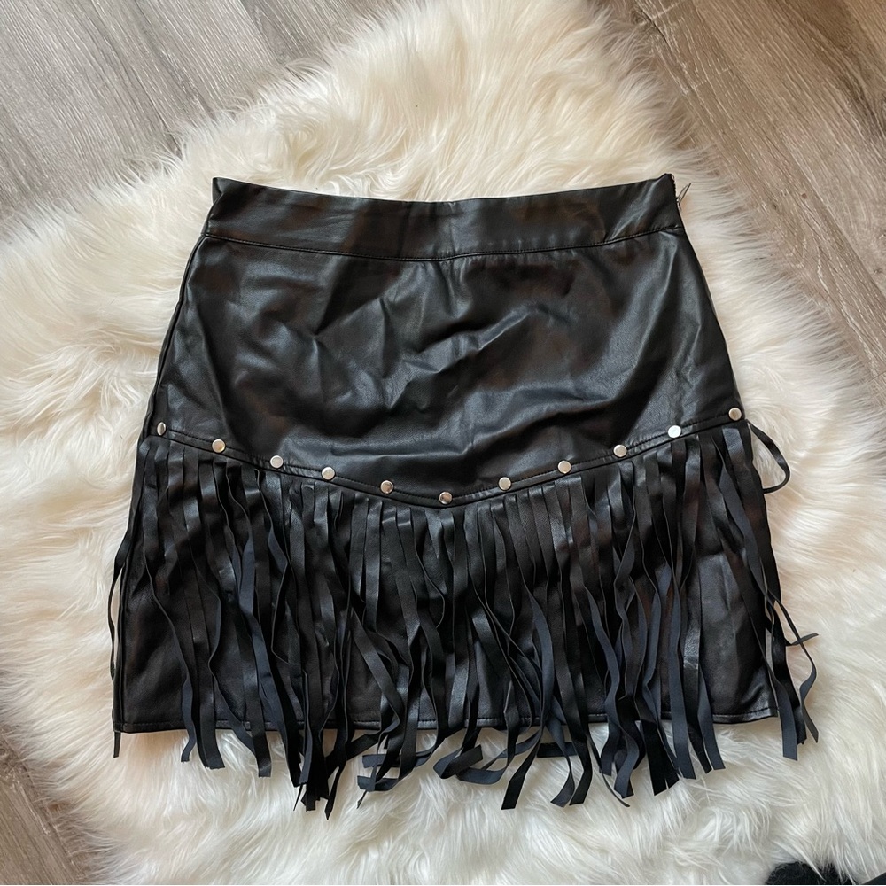 Faux Leather Fringe Mini Skirt
